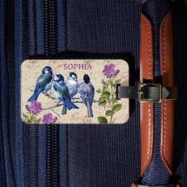 Vintage Blauwe Vogels, Paarse Bloemen, Beige Muzie Bagagelabel