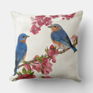 Vintage Blauwe Vogels & Roze Kersenbloesem Botanis Kussen