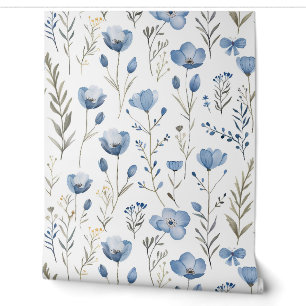 Vintage Blauwe Wilde Bloemen en Botanisch Behang