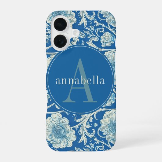 Vintage Blauwe William Morris Tapijt Monogram iPhone 16 Hoesje (Achterkant)
