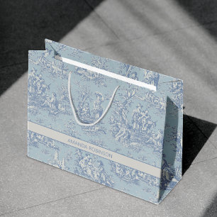 Vintage Blauwgrijze Toile de Jouy Chic Grote Groot Cadeauzakje
