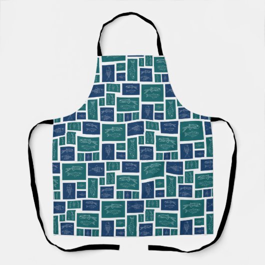 Vintage Blauwgroen Vispatroon Schort (Voorkant)
