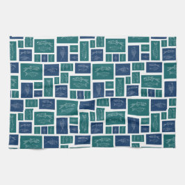 Vintage Blauwgroen Vispatroon Theedoek