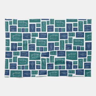 Vintage Blauwgroen Vispatroon Theedoek