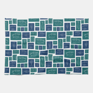 Vintage Blauwgroen Vispatroon Theedoek