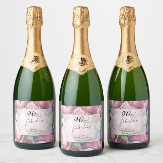 Vintage Bloem 90ste Verjaardagsfeest Sparkling Wijnetiket (Flessen)
