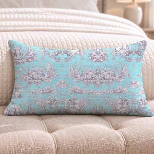 Vintage bloem aqua blauwe toile de jouy kussen