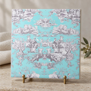 Vintage bloem aqua blauwe toile de jouy monogram tegeltje