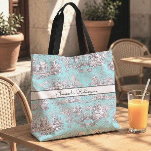 Vintage bloem aqua blauwe toile de jouy monogram tote bag