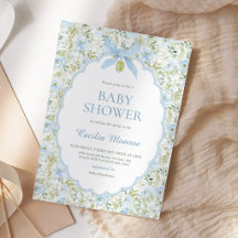 Vintage bloem blauwe strik baby jongen shower 