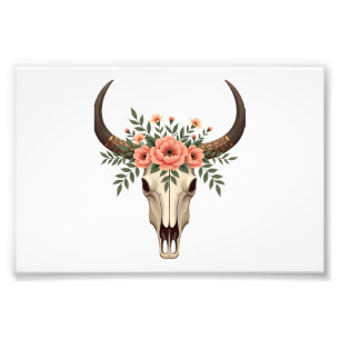 Vintage Bloem Bull Skull Boho Westerse Botanische Foto Afdruk
