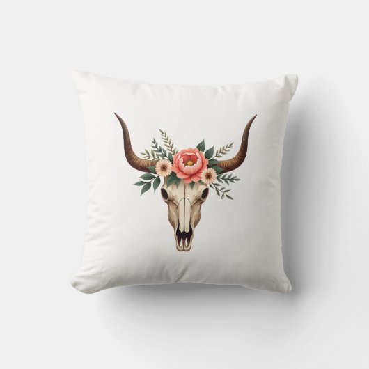 Vintage Bloem Bull Skull Boho Westerse Botanische  Kussen (Voorkant)
