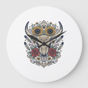 Vintage Bloem Bull Skull Western Grote Klok