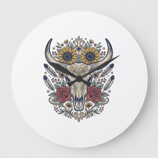Vintage Bloem Bull Skull Western Grote Klok (Voorkant)