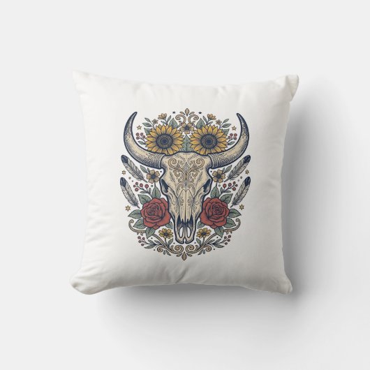 Vintage Bloem Bull Skull Western Kussen (Voorkant)