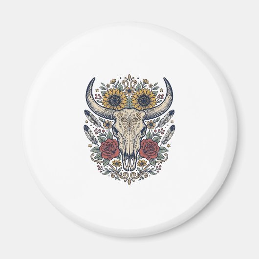 Vintage Bloem Bull Skull Western Magneet (Voorkant)