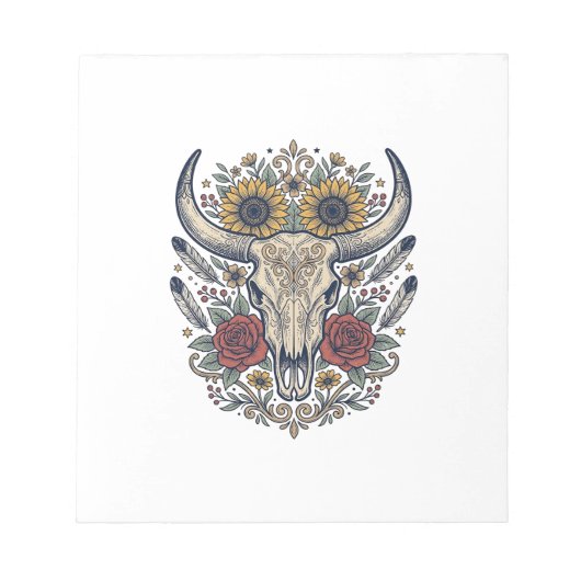Vintage Bloem Bull Skull Western Notitieblok (Voorkant)