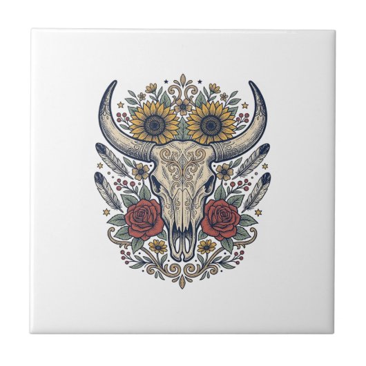 Vintage Bloem Bull Skull Western Tegeltje (Voorkant)