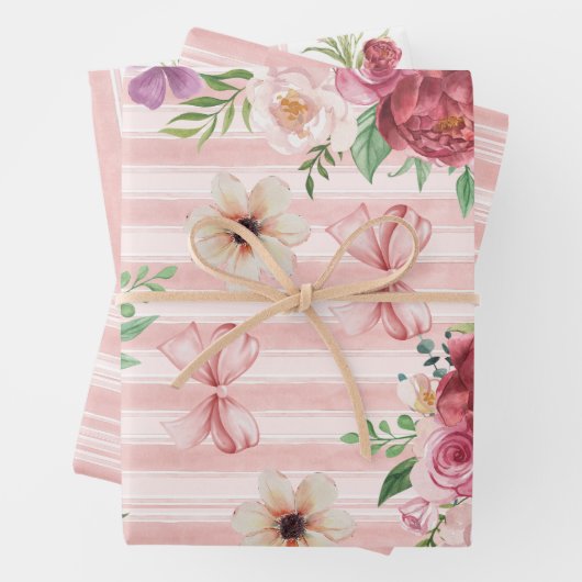 Vintage bloem Coquette strik roze en rode bloemen Inpakpapier Vel (In situ)