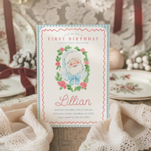 Vintage bloem- en gingham Kerstman verjaardag Kaart