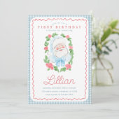 Vintage bloem- en gingham Kerstman verjaardag Kaart (Staand voorkant)
