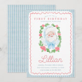 Vintage bloem- en gingham Kerstman verjaardag Kaart (Voorkant / Achterkant)