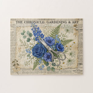 Vintage bloem- en zilveren schaarcollage legpuzzel