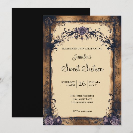 Vintage Bloem Gothic Sweet 16 Kaart (Voorkant / Achterkant)