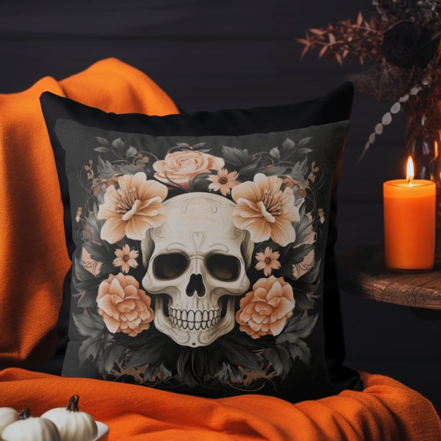 Vintage Bloem Halloween Schedel Kussen (Elegant Vintage Halloween Throw Pillow)