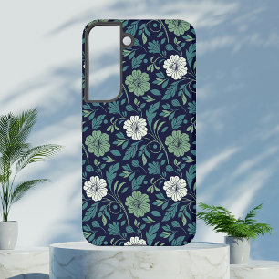 Vintage Bloem Illustratie Donker Navy Salie Groen Samsung Galaxy Hoesje