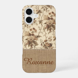 Vintage bloem-motief jute monogram telefoonhoes iPhone 16 hoesje