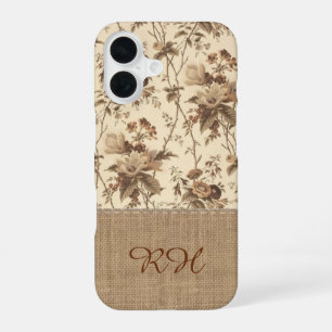 Vintage bloem-motief jute monogram telefoonhoes iPhone 16 hoesje