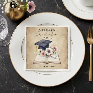 Vintage Bloem Open Boek Diploma Afstudeerfeest Servet