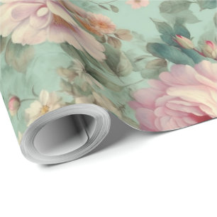Vintage Bloem Roos Aqua Decoupage Cadeaupapier