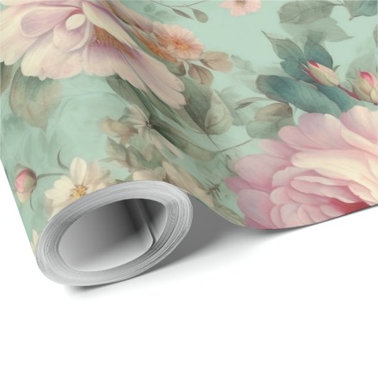 Vintage Bloem Roos Aqua Decoupage Cadeaupapier (Rol Hoek)