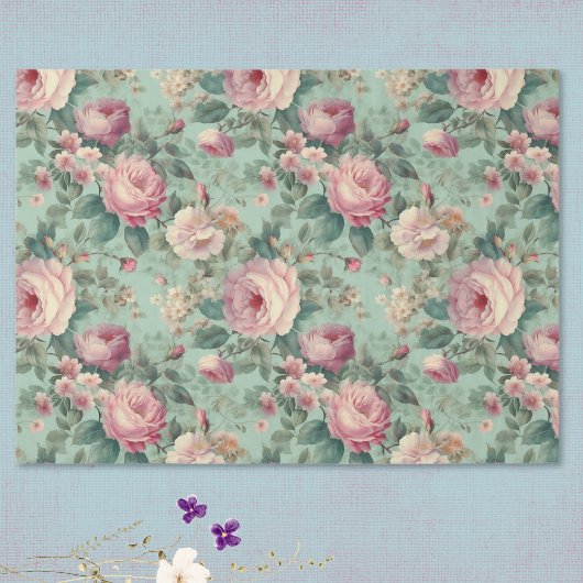 Vintage Bloem Roos Aqua Decoupage Tissuepapier