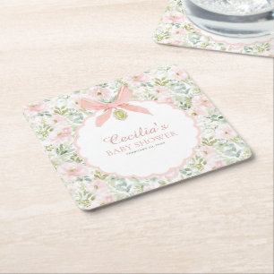 Vintage Bloem Roze Strik Meisje Baby Shower Kartonnen Onderzetters