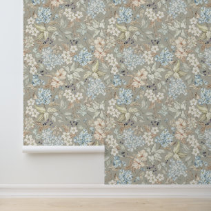 Vintage Bloemen Bladeren Bessen Takken Mistgrijs Behang