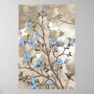Vintage bloemen blauwe taupe bloemrijke grunge aan poster