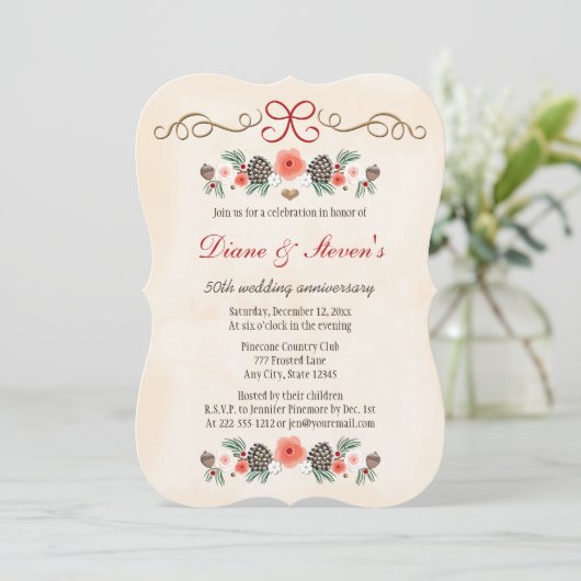 VINTAGE BLOEMEN DENNENKEGEL KERST JUBILEUM KAART (Staand voorkant)