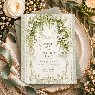 Vintage Bloemen Elegante Saliegroene Trouw Kaart