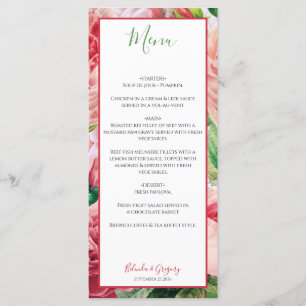 Vintage bloemen en botanische roze rozen bruiloft menu