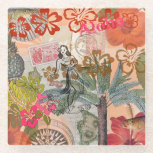 Vintage Bloemen Hula Kleurrijk Hawaiaans Tropisch Glazen Onderzetter