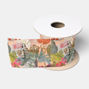 Vintage Bloemen Hula Kleurrijk Hawaiaans Tropisch  Satijnen Lint