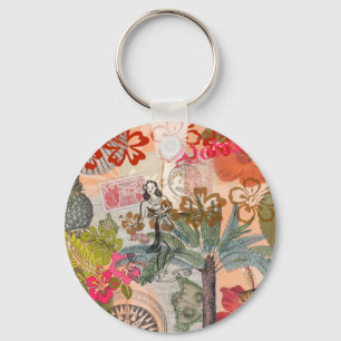 Vintage Bloemen Hula Kleurrijk Hawaiaans Tropisch  Sleutelhanger