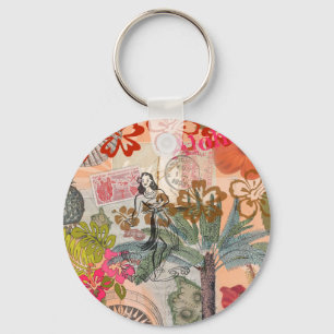Vintage Bloemen Hula Kleurrijk Hawaiaans Tropisch Sleutelhanger