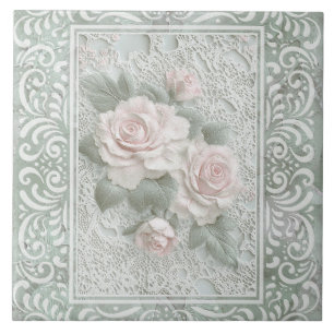 Vintage bloemen kant kunst tegeltje
