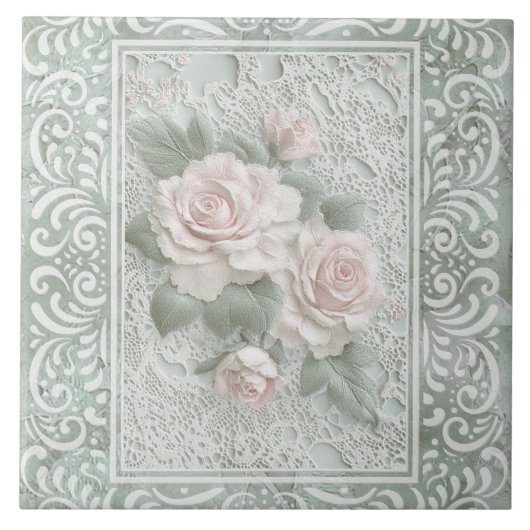 Vintage bloemen kant kunst tegeltje (Voorkant)