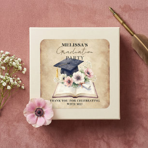 Vintage bloemenboek afstudeerhoed bedankcadeautje vierkante sticker