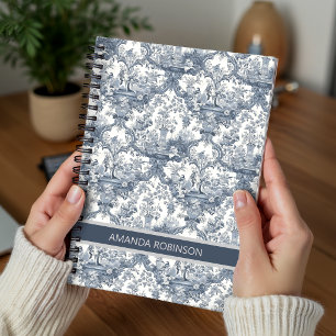 Vintage bloemendamask Blauwe toile de jouy monogra Notitieboek